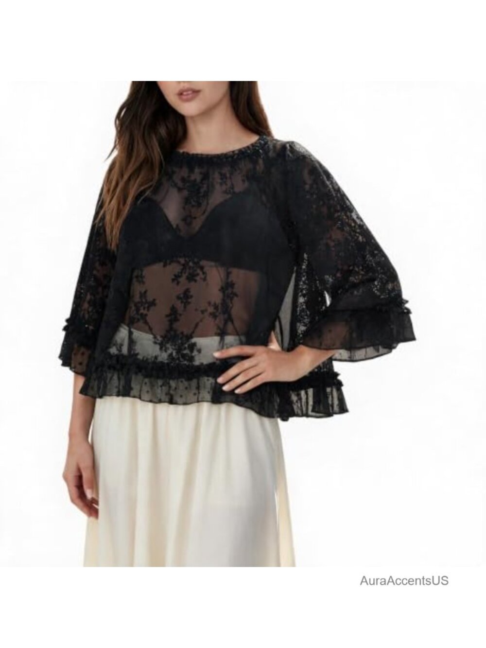 Women's Lace T-Shirt Flared Sleeve Sheer Party Top